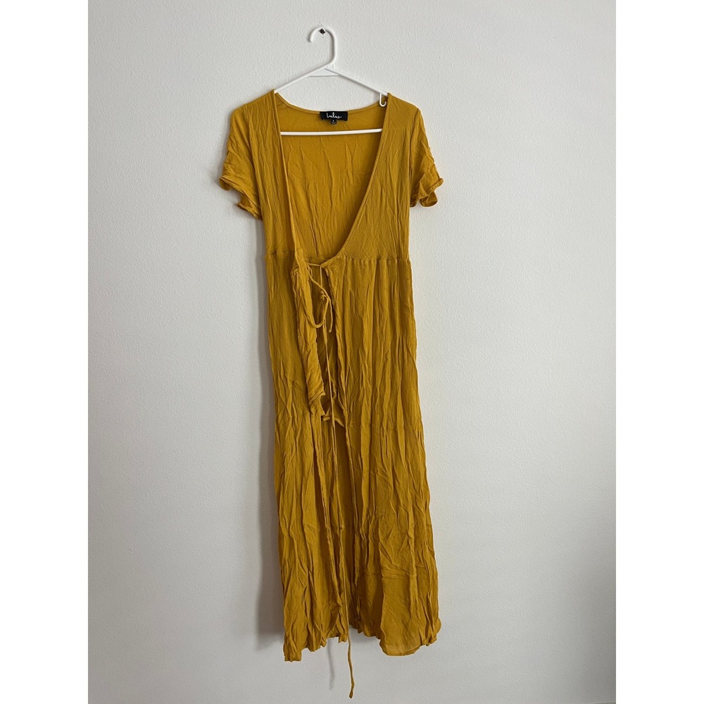 Lulus Mustard Yellow Boho‎ Maxi Dress Short Sleeve Front Tie V-Neck Small